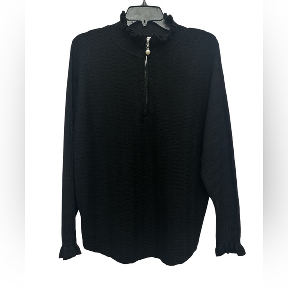 Vila Milano Ruffle Quarter Zip Pullover Size Large Black Textured Mock Neck NWT - Picture 1 of 6